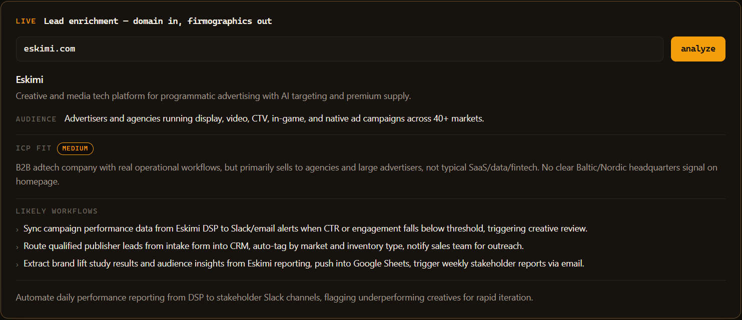 Lead enrichment demo output rendered on the site